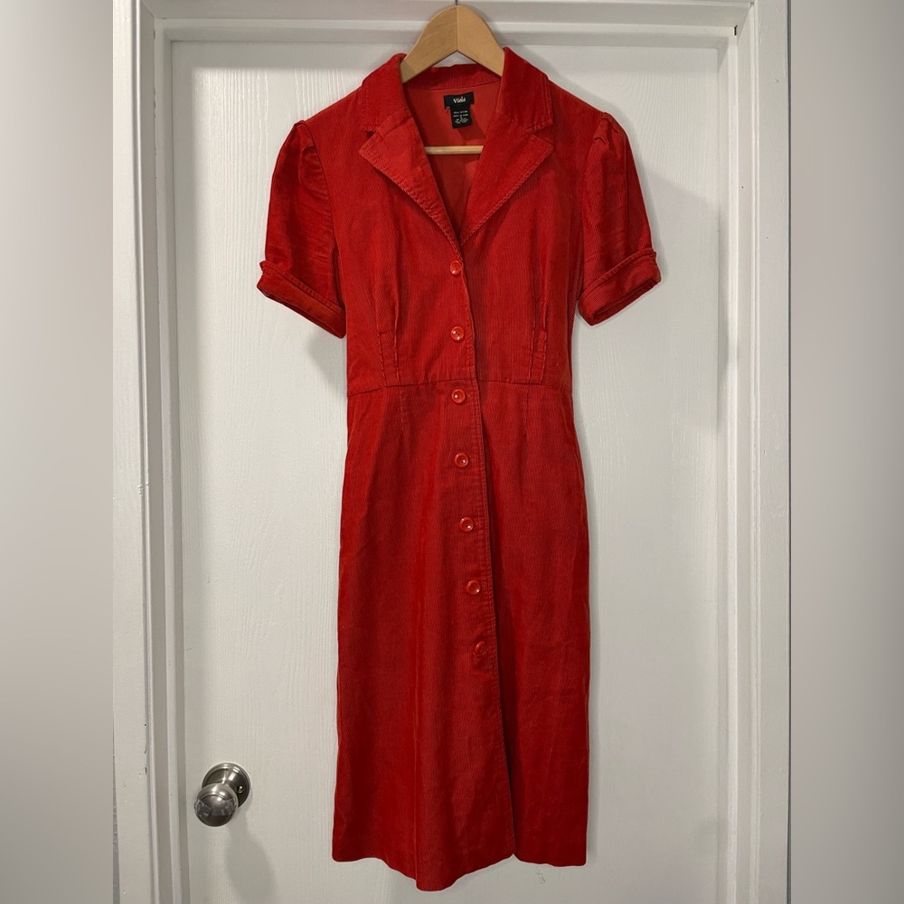 Viola Anthropologie Corduroy Collared Shirt Dress in Red-Orange. Size 4